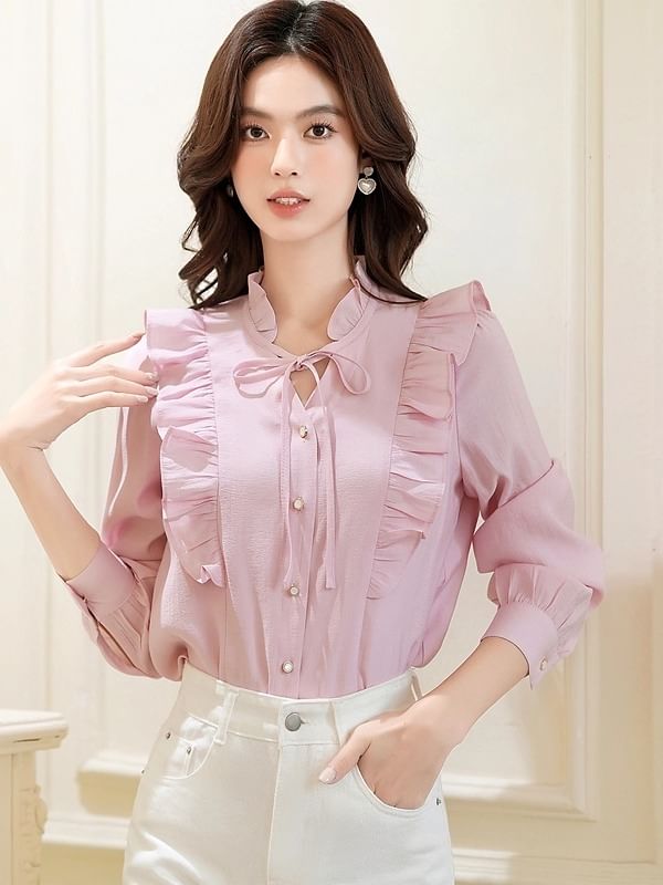 Ruffle Trim Blouse with V-Neck and Long Sleeves