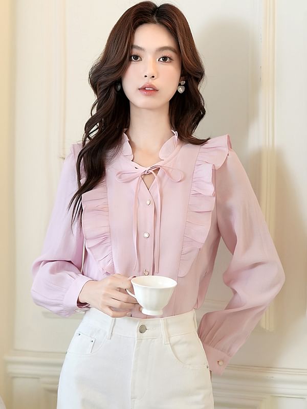 Ruffle Trim Blouse with V-Neck and Long Sleeves