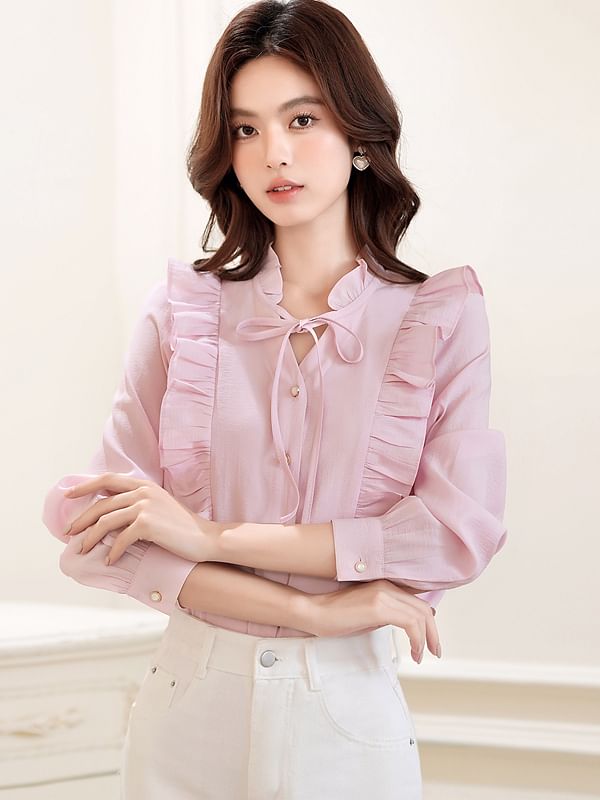 Ruffle Trim Blouse with V-Neck and Long Sleeves