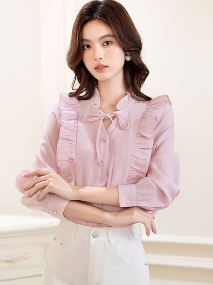 Ruffle Trim Blouse with V-Neck and Long Sleeves