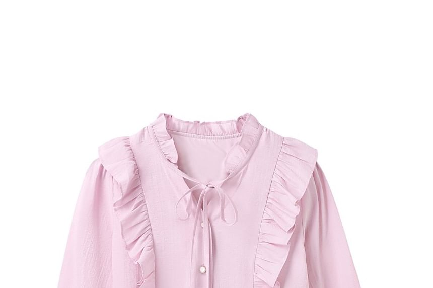 Ruffle Trim Blouse with V-Neck and Long Sleeves
