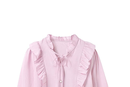 Ruffle Trim Blouse with V-Neck and Long Sleeves