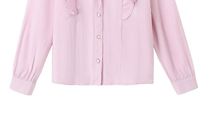 Ruffle Trim Blouse with V-Neck and Long Sleeves