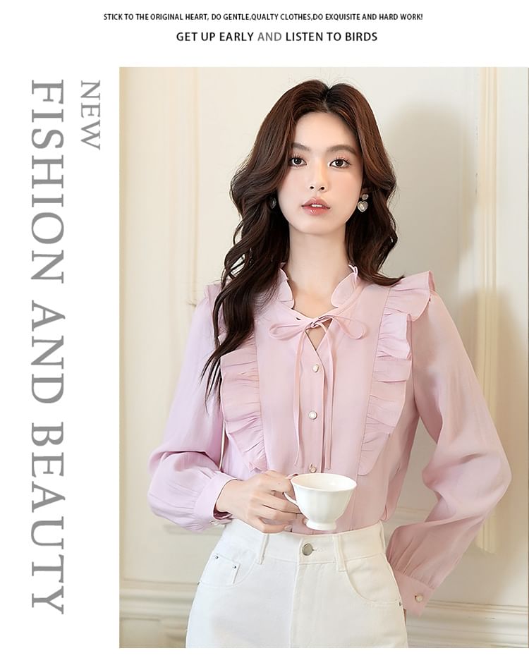 Ruffle Trim Blouse with V-Neck and Long Sleeves