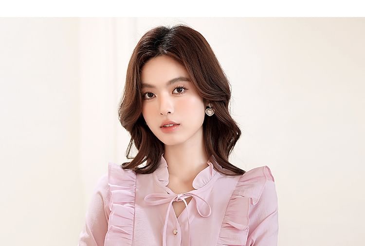 Ruffle Trim Blouse with V-Neck and Long Sleeves