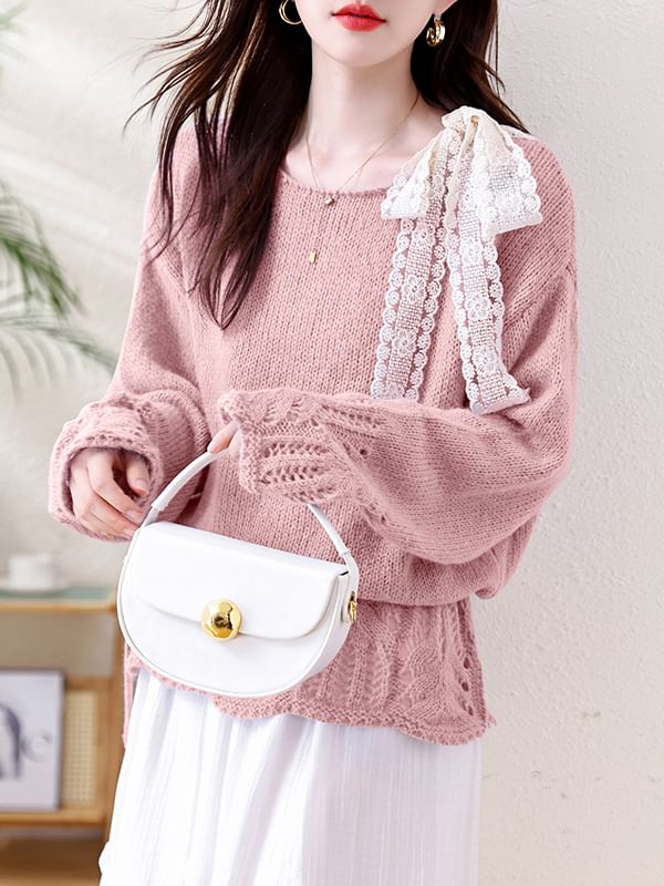 Pointelle Crewneck Long Sleeve Solid Knit Sweater
