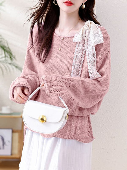 Pointelle Crewneck Long Sleeve Solid Knit Sweater