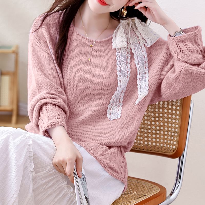Pointelle Crewneck Long Sleeve Solid Knit Sweater