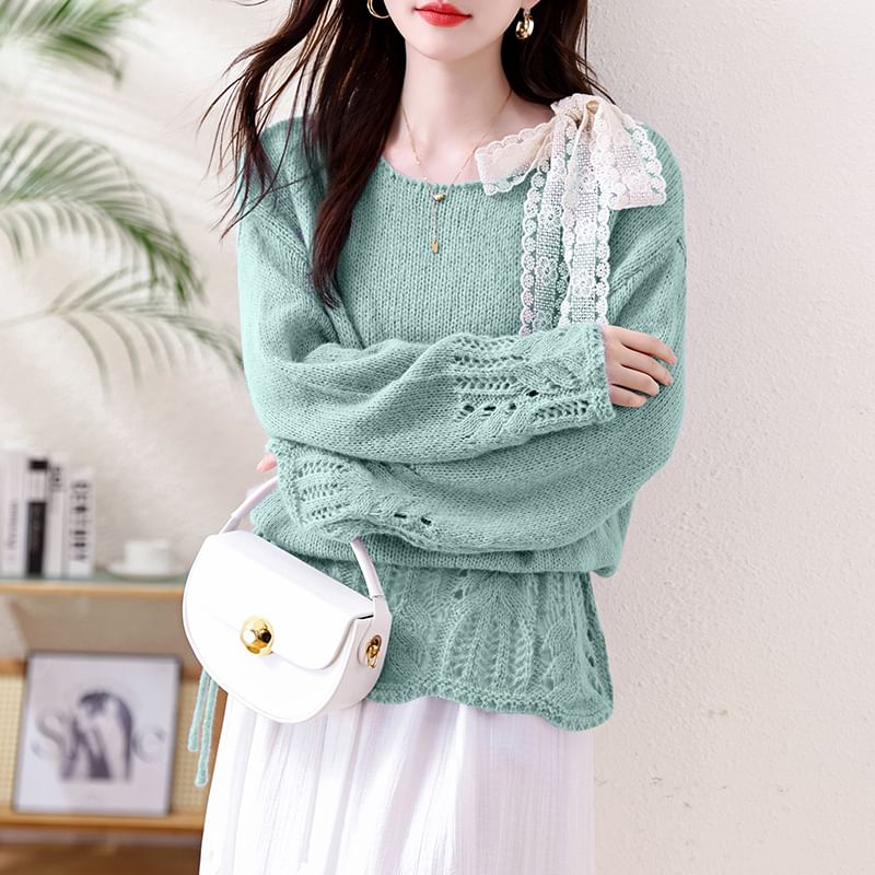 Pointelle Crewneck Long Sleeve Solid Knit Sweater