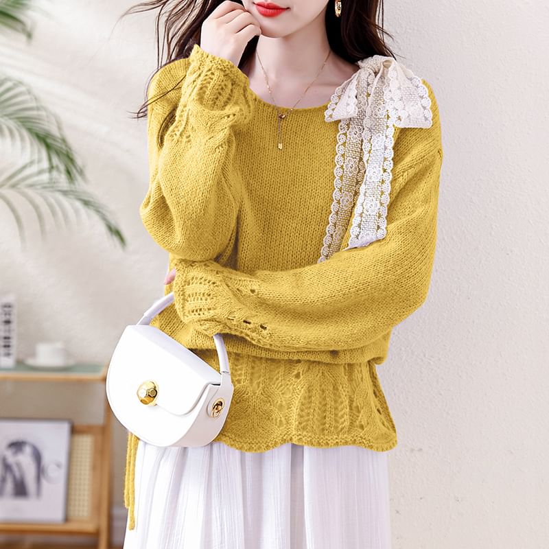 Pointelle Crewneck Long Sleeve Solid Knit Sweater