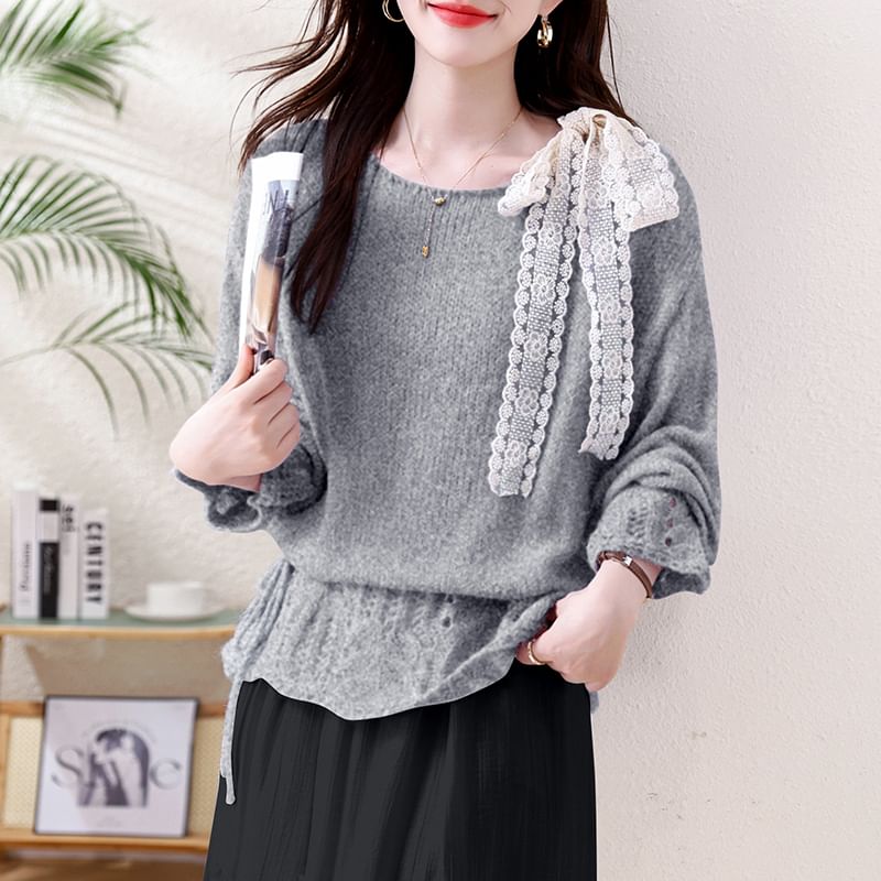 Pointelle Crewneck Long Sleeve Solid Knit Sweater