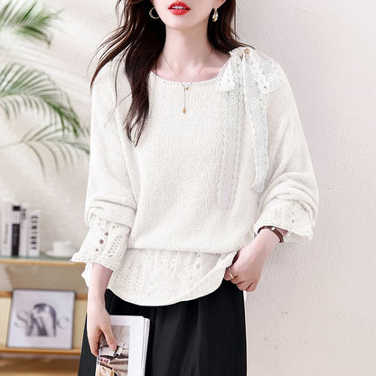 Pointelle Crewneck Long Sleeve Solid Knit Sweater