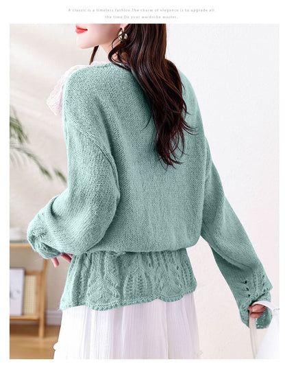 Pointelle Crewneck Long Sleeve Solid Knit Sweater