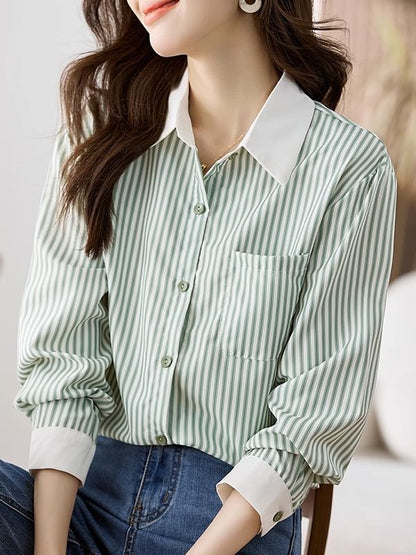 Striped Button-Up Shirt with Collar and Long Sleeves