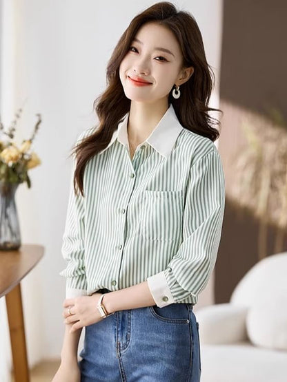Striped Button-Up Shirt with Collar and Long Sleeves
