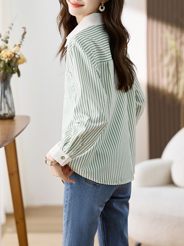 Striped Button-Up Shirt with Collar and Long Sleeves