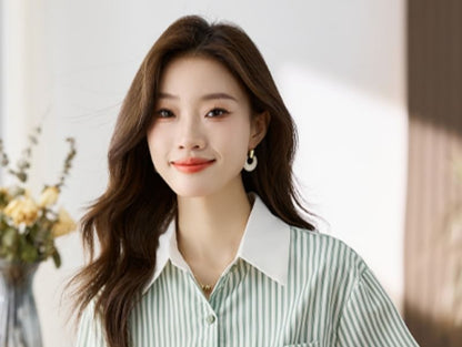 Striped Button-Up Shirt with Collar and Long Sleeves