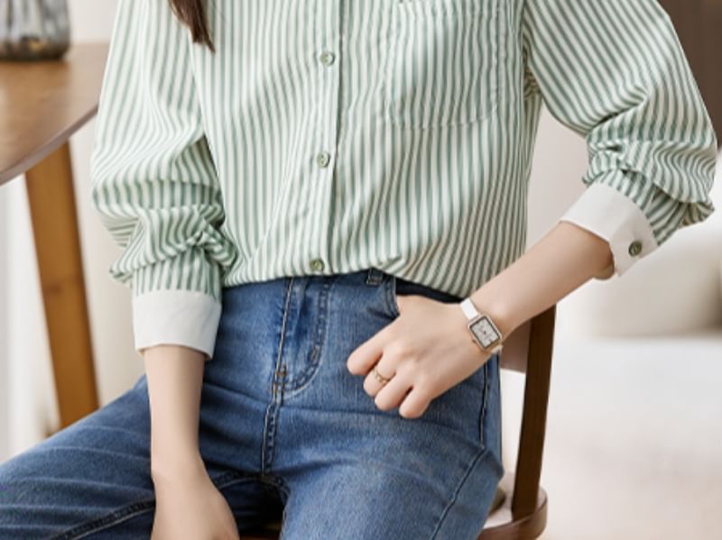 Striped Button-Up Shirt with Collar and Long Sleeves