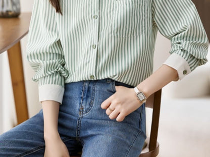 Striped Button-Up Shirt with Collar and Long Sleeves