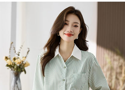 Striped Button-Up Shirt with Collar and Long Sleeves