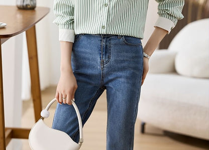Striped Button-Up Shirt with Collar and Long Sleeves