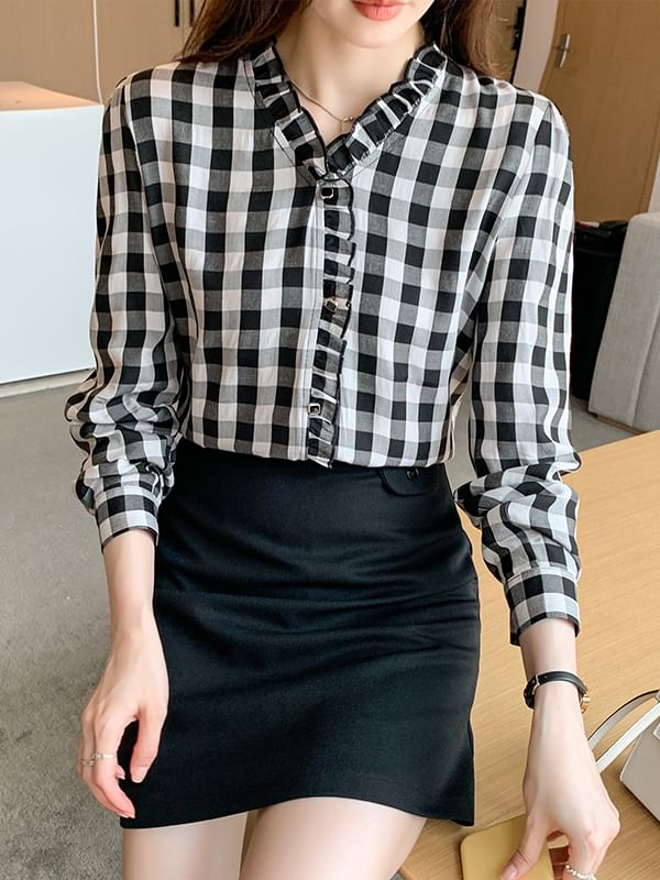 Plaid Button-Up Blouse with V-Neck and Long Sleeves