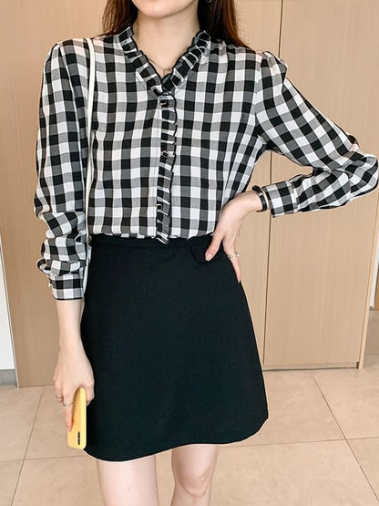 Plaid Button-Up Blouse with V-Neck and Long Sleeves