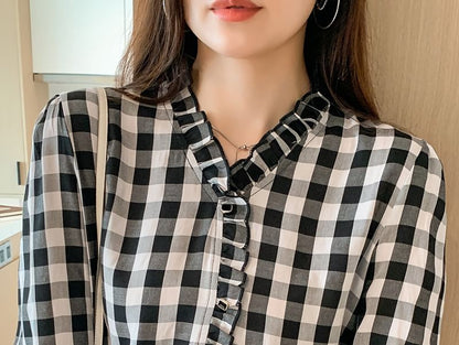 Plaid Button-Up Blouse with V-Neck and Long Sleeves