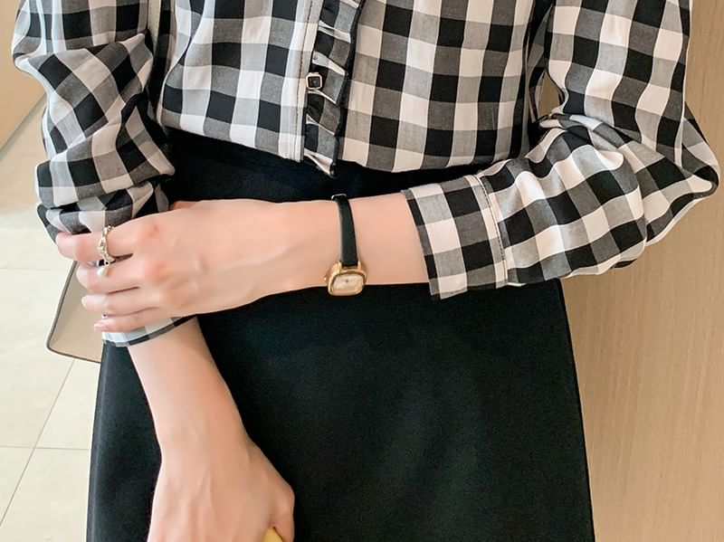 Plaid Button-Up Blouse with V-Neck and Long Sleeves