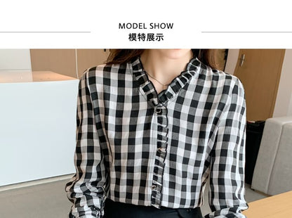 Plaid Button-Up Blouse with V-Neck and Long Sleeves