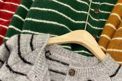 Crew Neck Striped Button Up Cardigan