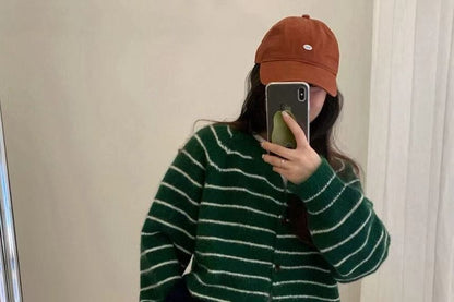 Crew Neck Striped Button Up Cardigan