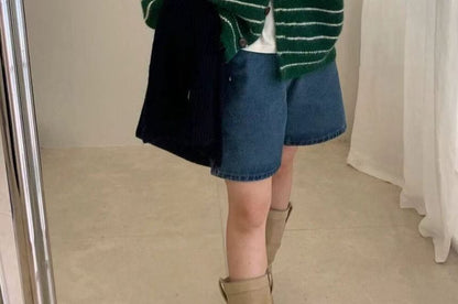 Crew Neck Striped Button Up Cardigan