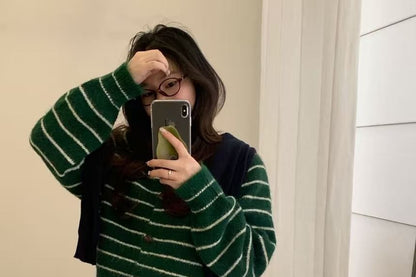 Crew Neck Striped Button Up Cardigan