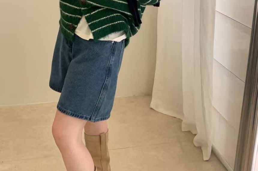 Crew Neck Striped Button Up Cardigan