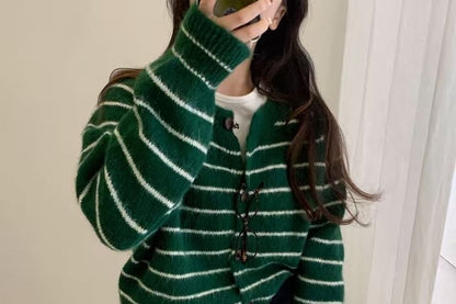 Crew Neck Striped Button Up Cardigan