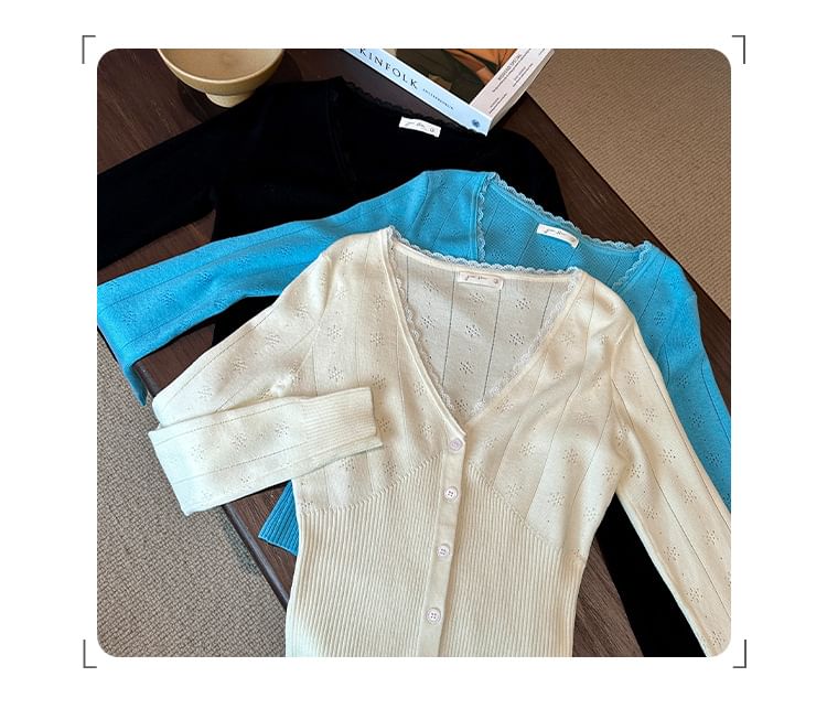 Buttoned V Neck Long Sleeve Solid Knit Blouse