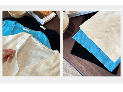 Buttoned V Neck Long Sleeve Solid Knit Blouse