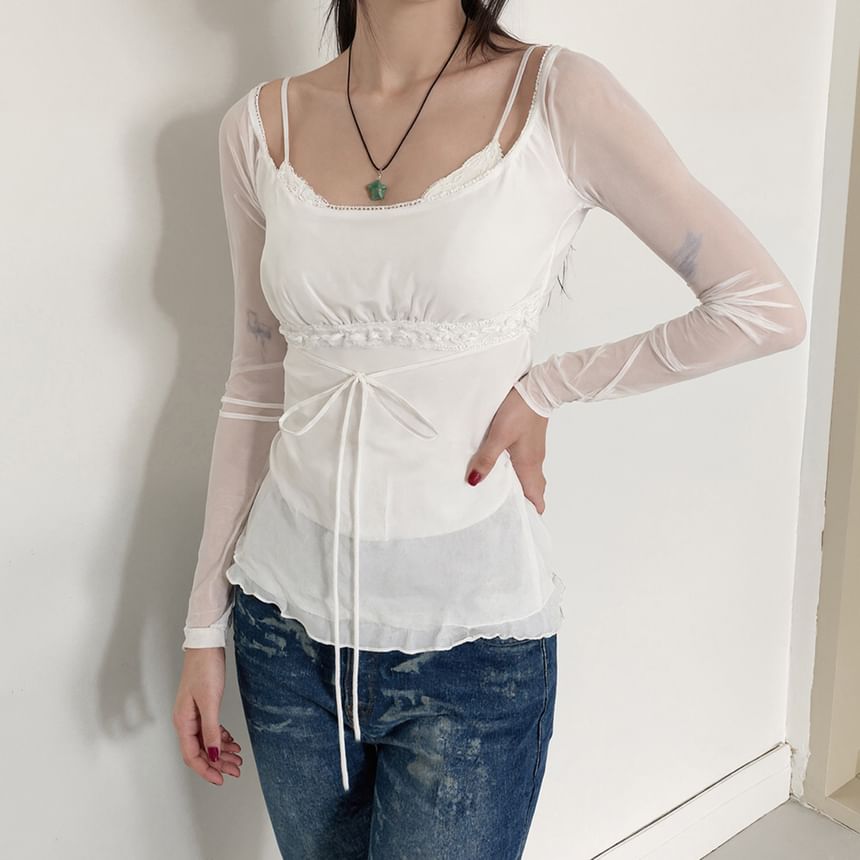 Sheer Lace-Panel Mock Two-Piece Slim Tee