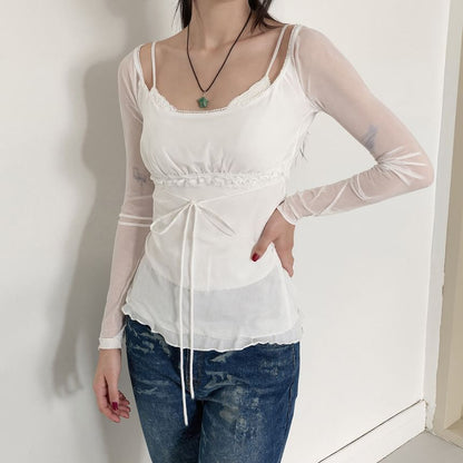 Sheer Lace-Panel Mock Two-Piece Slim Tee