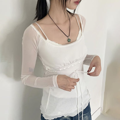 Sheer Lace-Panel Mock Two-Piece Slim Tee