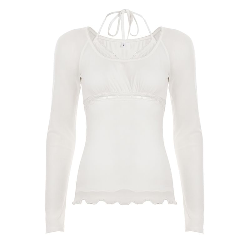 Sheer Lace-Panel Mock Two-Piece Slim Tee