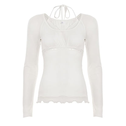 Sheer Lace-Panel Mock Two-Piece Slim Tee