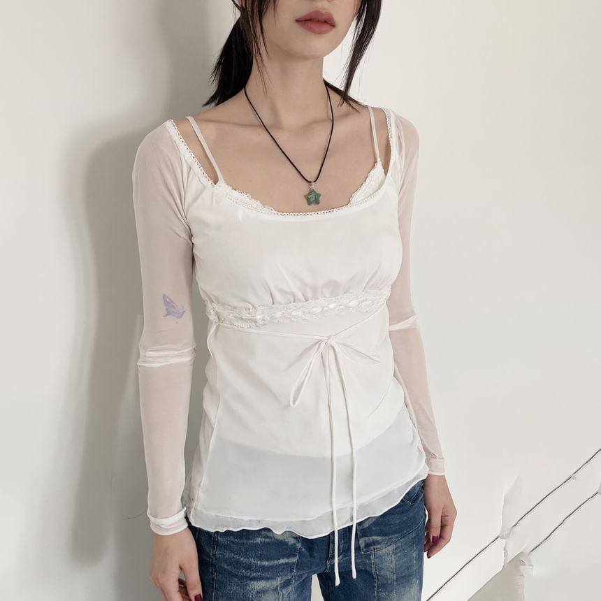 Sheer Lace-Panel Mock Two-Piece Slim Tee