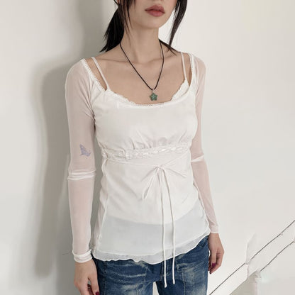 Sheer Lace-Panel Mock Two-Piece Slim Tee