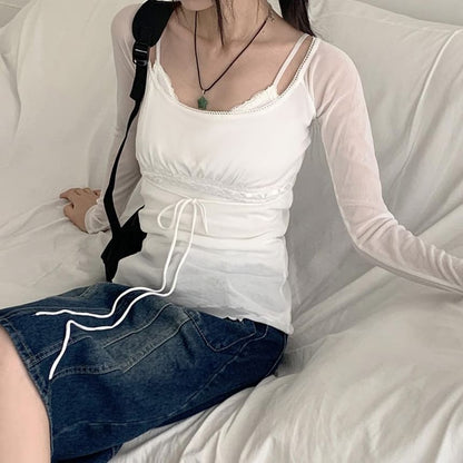 Sheer Lace-Panel Mock Two-Piece Slim Tee