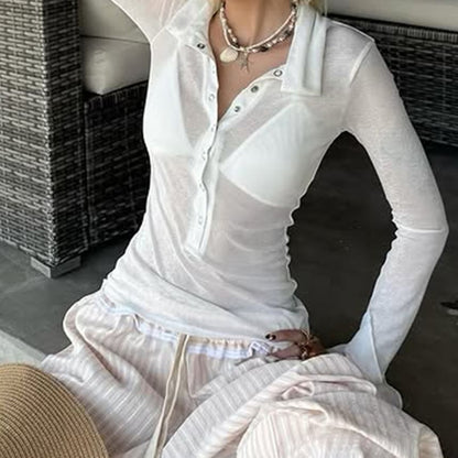 Slim-Fit Sheer Polo with Half Button Front