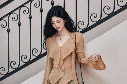 Ruffle V-Neck Long-Sleeve Solid Top & Plaid Maxi Skirt Set