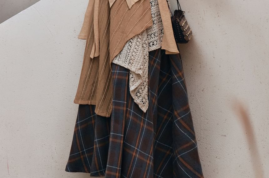 Ruffle V-Neck Long-Sleeve Solid Top & Plaid Maxi Skirt Set