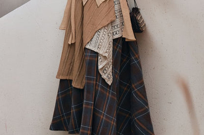 Ruffle V-Neck Long-Sleeve Solid Top & Plaid Maxi Skirt Set